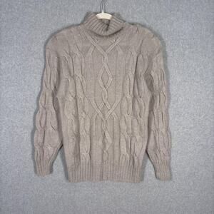 VTG 80s Sweater Medium Tan Cable Knit‎ Turtleneck Fisherman Mohair Wool Neutral